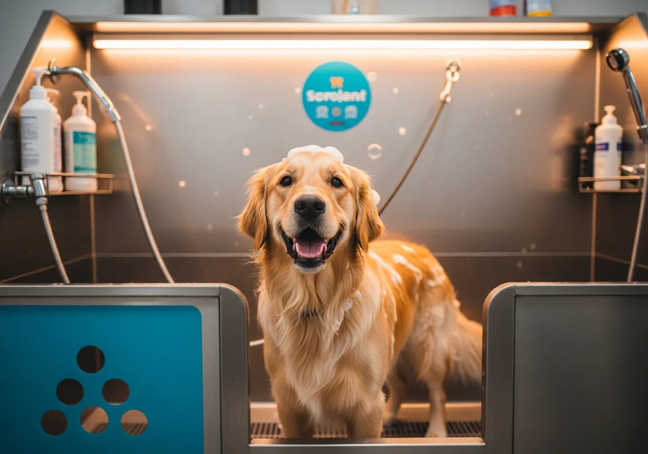 Happy dog at self-service pet wash station at Downtowner Car Wash Three Oaks