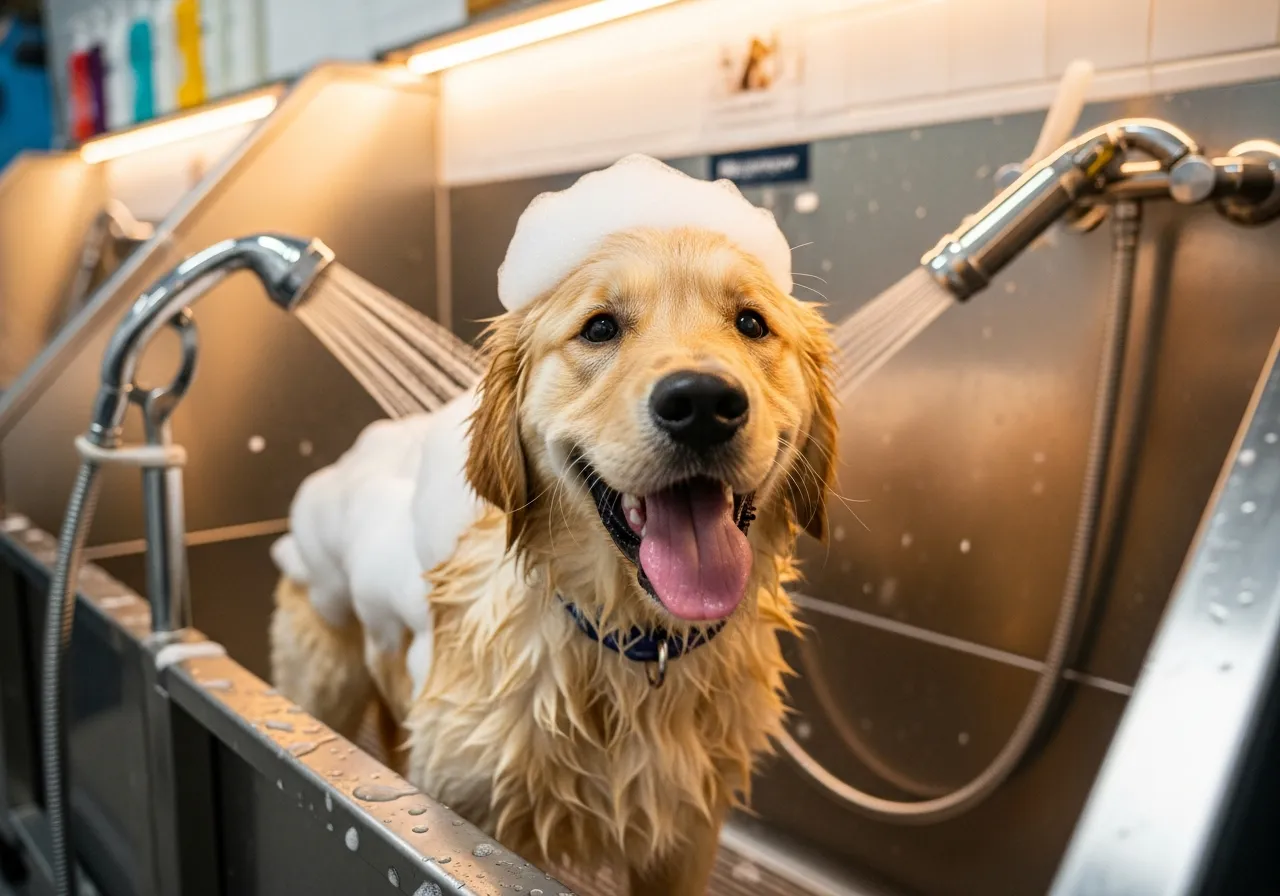 Happy dog getting a bath at Downtowner Car Wash self-service pet wash